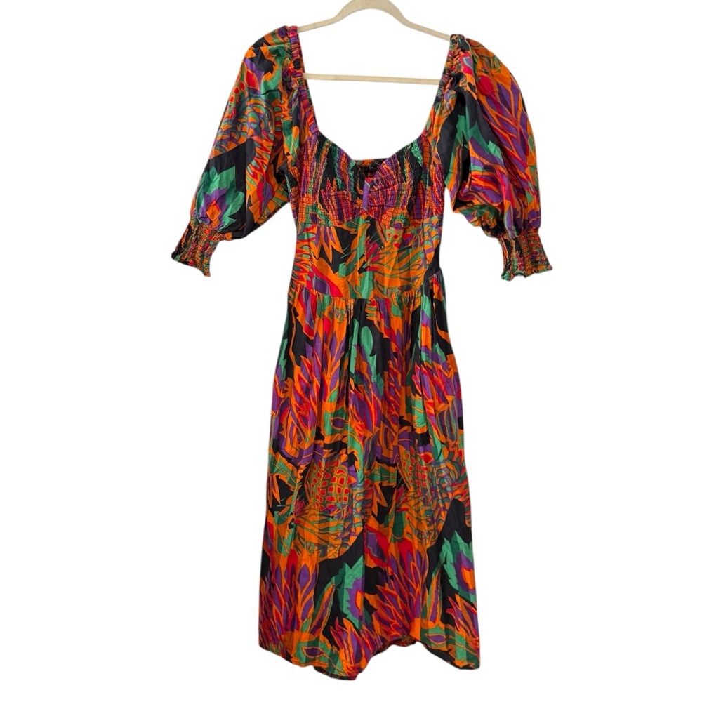 House of Harlow 1960 Nicole Richie Medium Boho Puff Sleeve Smocked Midi Dress